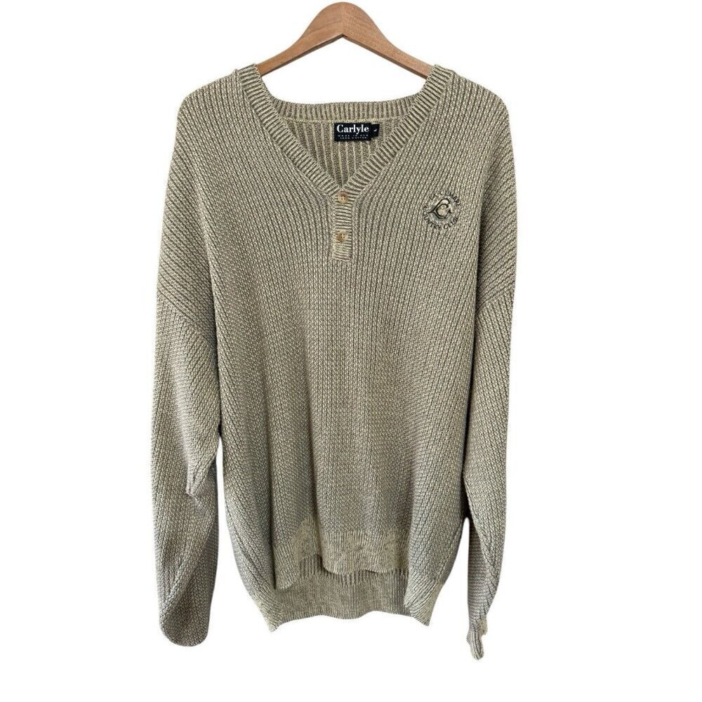 Carlyle Sweater Men's Large Green Cotton Ribbed Chunky Pullover USA La Cumbre